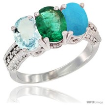 Size 6.5 - 14K White Gold Natural Aquamarine, Emerald &amp; Turquoise Ring 3-Stone  - £664.58 GBP