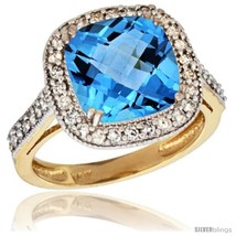 Ow gold diamond halo swiss blue topaz ring checkerboard cushion 9 mm 2 4 ct 1 2 in wide thumb200