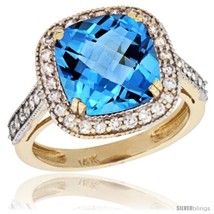Size 9 - 14k Yellow Gold Diamond Halo Swiss Blue Topaz Ring Cushion Shape 10 mm  - £1,023.19 GBP