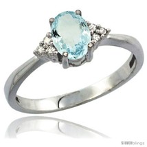 Size 7.5 - 14k White Gold Ladies Natural Aquamarine Ring oval 7x5 Stone Diamond  - £312.03 GBP