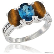 Size 7.5 - 10K White Gold Natural London Blue Topaz &amp; Tiger Eye Ring 3-Stone  - £426.87 GBP
