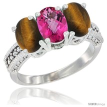 Size 6.5 - 10K White Gold Natural Pink Topaz &amp; Tiger Eye Ring 3-Stone Oval 7x5  - £424.98 GBP