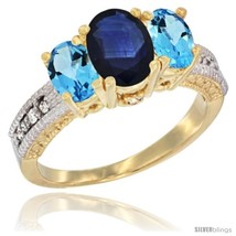 Size 9.5 - 14k Yellow Gold Ladies Oval Natural Blue Sapphire 3-Stone Ring with  - £604.25 GBP