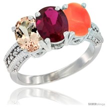 Size 6 - 14K White Gold Natural Morganite, Ruby &amp; Coral Ring 3-Stone Oval 7x5  - $762.76