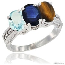 Size 6.5 - 14K White Gold Natural Aquamarine, Blue Sapphire &amp; Tiger Eye Ring  - £648.10 GBP