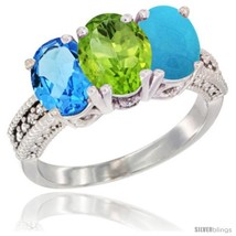 Size 7.5 - 14K White Gold Natural Swiss Blue Topaz, Peridot &amp; Turquoise Ring  - £587.27 GBP
