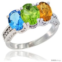 Size 8 - 14K White Gold Natural Swiss Blue Topaz, Peridot &amp; Whisky Quartz Ring  - £576.71 GBP