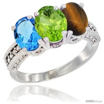 Size 5 - 14K White Gold Natural Swiss Blue Topaz, Peridot &amp; Tiger Eye Ring  - £569.56 GBP