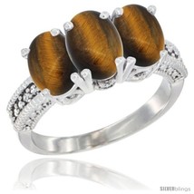 Size 8 - 10K White Gold Natural Tiger Eye Ring 3-Stone Oval 7x5 mm Diamond  - £415.04 GBP