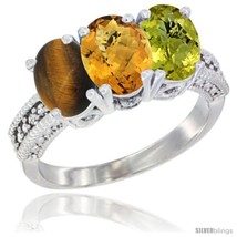 Size 10 - 10K White Gold Natural Tiger Eye, Whisky Quartz &amp; Lemon Quartz Ring  - $537.12