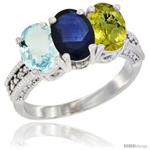 Size 7.5 - 14K White Gold Natural Aquamarine, Blue Sapphire &amp; Lemon Quartz Ring  - £656.68 GBP