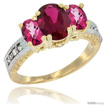 10k yellow gold ladies oval natural ruby 3 stone ring pink topaz sides diamond accent thumb200