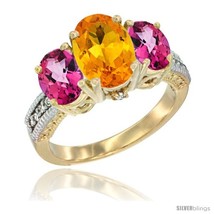 Size 7.5 - 14K Yellow Gold Ladies 3-Stone Oval Natural Citrine Ring with Pink  - £642.46 GBP