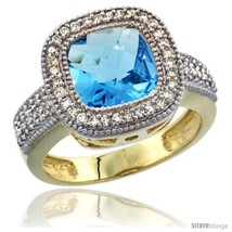 Size 7.5 - 14K Yellow Gold Natural Swiss Blue Topaz Ring Cushion-cut 9x9 Stone  - £908.11 GBP