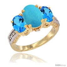 Size 5.5 - 14K Yellow Gold Ladies 3-Stone Oval Natural Turquoise Ring with  - £672.67 GBP