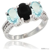 Size 6.5 - 14K White Gold Natural Black Onyx &amp; Aquamarine Sides Ring 3-Stone  - £628.05 GBP