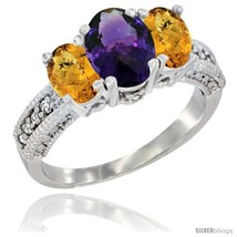 White gold ladies oval natural amethyst 3 stone ring whisky quartz sides diamond accent thumb200