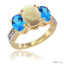 Size 14 - 14K Yellow Gold Ladies 3-Stone Oval Natural Opal Ring with Swiss Blue  - £646.97 GBP