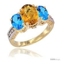 Size 6 - 14K Yellow Gold Ladies 3-Stone Oval Natural Whisky Quartz Ring with  - £647.08 GBP