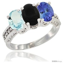 Size 5 - 14K White Gold Natural Aquamarine, Black Onyx &amp; Tanzanite Ring 3-Stone  - £642.20 GBP