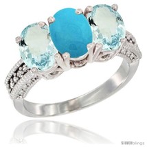 Size 7.5 - 14K White Gold Natural Turquoise &amp; Aquamarine Sides Ring 3-Stone  - £660.40 GBP