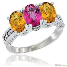 Size 5 - 10K White Gold Natural Pink Topaz &amp; Whisky Quartz Sides Ring 3-Stone  - £450.86 GBP