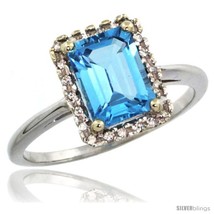 Size 9 - 14k White Gold Diamond Swiss Blue Topaz Ring 1.6 ct Emerald Shape 8x6  - £469.46 GBP