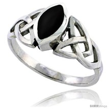 Sterling silver celtic triquetra trinity knot ring navette black onyx stone 1 2 in wide thumb200