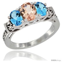 Size 9 - 14K White Gold Natural Morganite &amp; Swiss Blue Topaz Ring 3-Stone Oval  - $738.32