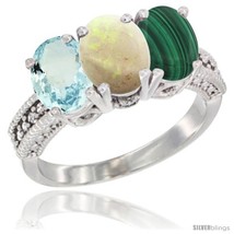 Size 8 - 14K White Gold Natural Aquamarine, Opal &amp; Malachite Ring 3-Stone Oval  - £606.08 GBP