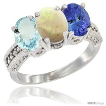 Size 9 - 14K White Gold Natural Aquamarine, Opal &amp; Tanzanite Ring 3-Stone Oval  - £648.70 GBP