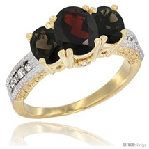 0k yellow gold ladies oval natural garnet 3 stone ring smoky topaz sides diamond accent thumb200