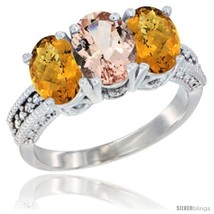 Size 10 - 10K White Gold Natural Morganite &amp; Whisky Quartz Sides Ring 3-Stone  - £427.25 GBP