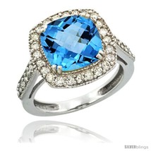 Size 6 - 14k White Gold Diamond Halo Swiss Blue Topaz Ring Checkerboard Cushion  - $1,108.89