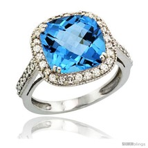 Size 8 - 14k White Gold Diamond Halo Swiss Blue Topaz Ring Cushion Shape 10 mm  - £1,023.00 GBP