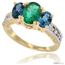 Size 5 - 14k Yellow Gold Ladies Oval Natural Emerald 3-Stone Ring with London  - £597.56 GBP