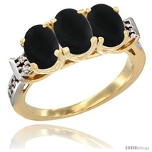 Size 10 - 10K Yellow Gold Natural Black Onyx Ring 3-Stone Oval 7x5 mm Diamond  - £402.85 GBP