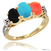 Size 7 - 10K Yellow Gold Natural Black Onyx, Turquoise &amp; Coral Ring 3-Stone  - £448.47 GBP