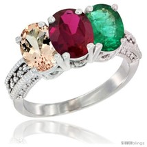 Size 5 - 14K White Gold Natural Morganite, Ruby &amp; Emerald Ring 3-Stone Oval 7x5  - £626.09 GBP