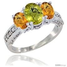 Size 6.5 - 10K White Gold Ladies Oval Natural Lemon Quartz 3-Stone Ring with  - £427.23 GBP