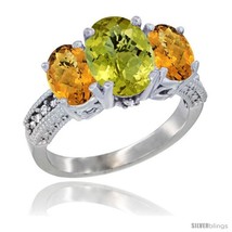 Size 8.5 - 10K White Gold Ladies Natural Lemon Quartz Oval 3 Stone Ring with  - £493.30 GBP