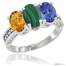 Size 6 - 10K White Gold Natural Whisky Quartz, Malachite &amp; Tanzanite Ring  - £476.46 GBP