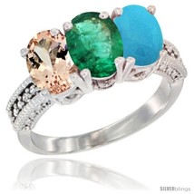Size 8 - 14K White Gold Natural Morganite, Emerald &amp; Turquoise Ring 3-Stone  - £656.00 GBP