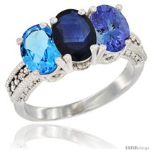 Atural swiss blue topaz blue sapphire tanzanite ring 3 stone 7x5 mm oval diamond accent thumb200