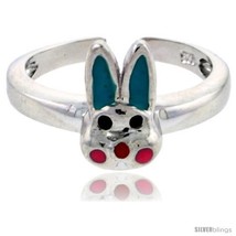Sterling Silver Child Size Rabbit Head Ring, w/ Aqua Green &amp; Pink Enamel  - £28.81 GBP