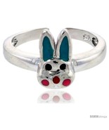 Sterling Silver Child Size Rabbit Head Ring, w/ Aqua Green &amp; Pink Enamel  - £28.62 GBP