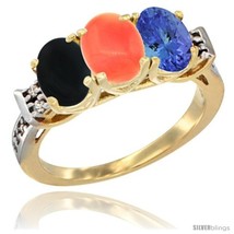 Size 8 - 10K Yellow Gold Natural Black Onyx, Coral &amp; Tanzanite Ring 3-Stone  - £465.33 GBP