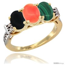 Size 10 - 10K Yellow Gold Natural Black Onyx, Coral &amp; Malachite Ring 3-Stone  - £422.56 GBP