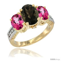 Size 7 - 14K Yellow Gold Ladies 3-Stone Oval Natural Smoky Topaz Ring with Pink  - £649.28 GBP