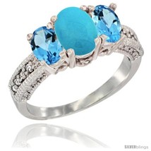 Size 6 - 14k White Gold Ladies Oval Natural Turquoise 3-Stone Ring with Swiss  - £580.86 GBP